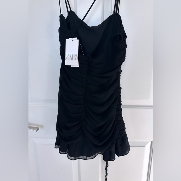 NWT ZARA Ruffled Dress with Flower  Black Mini Dress Romantic Feminine Straps - Picture 11 of 12